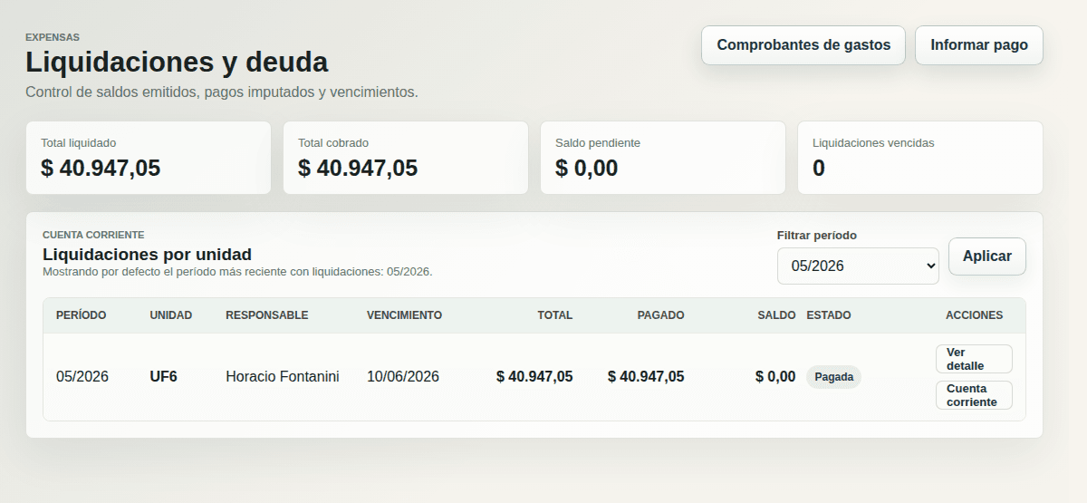 Vista de expensas de Condomia