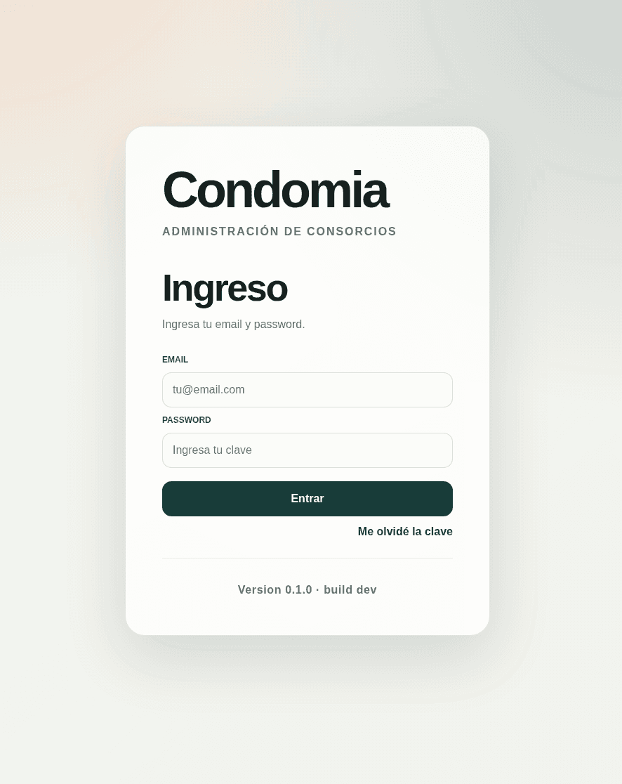 Pantalla de acceso de Condomia